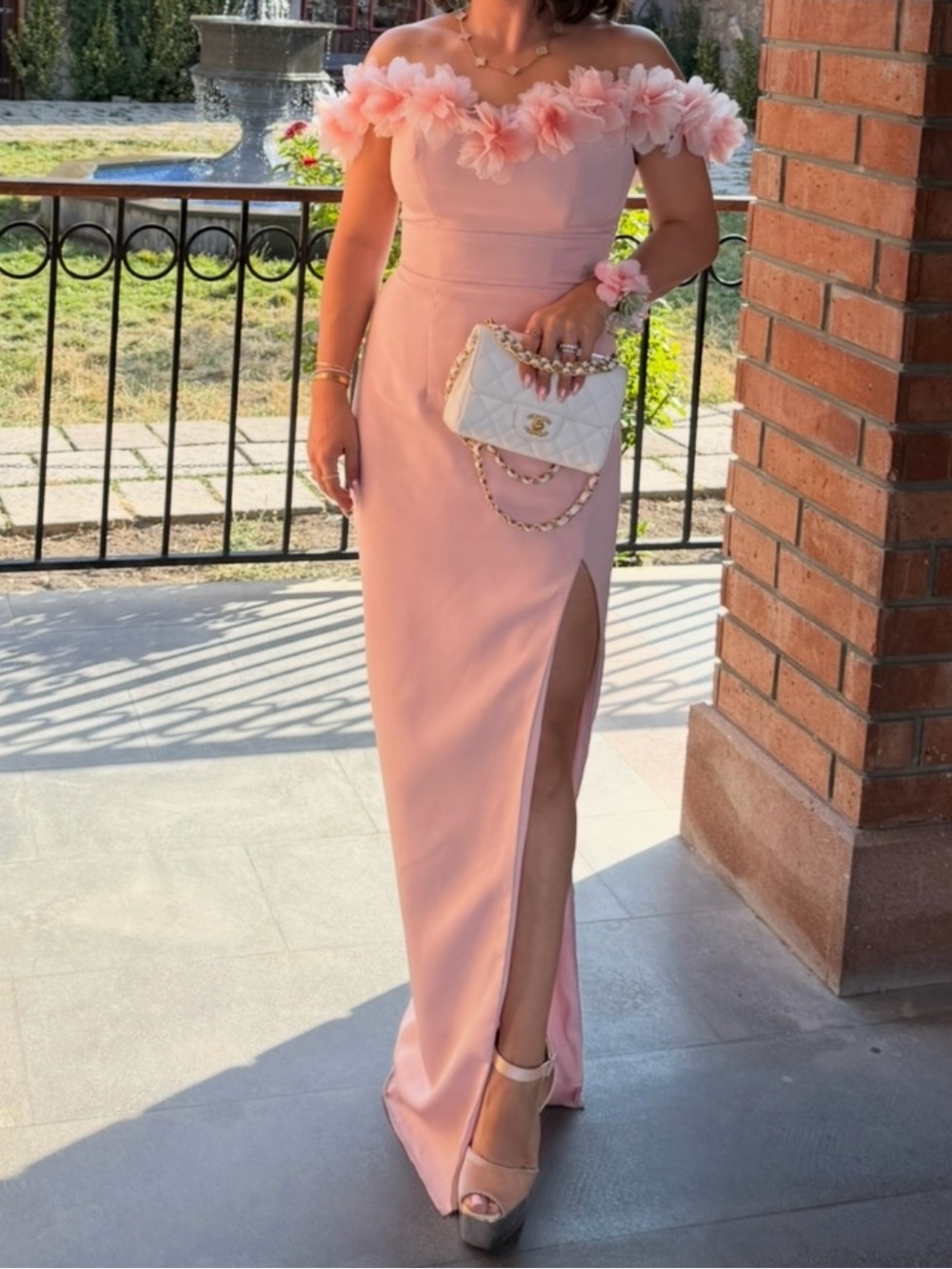 Pink Off The Shoulder Column Gown With 3D Flowers